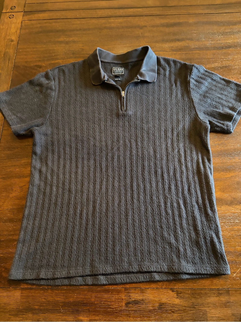GUESS Men’s Medium Black Textured Knit Quarter Zip Polo Shirt Slim Fit